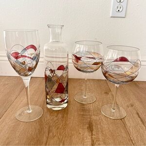 Set Of 4 Romanian Mosaic Stained Glass Crystal,‎ 3 PCs Wine Glasses, 1 Decanter